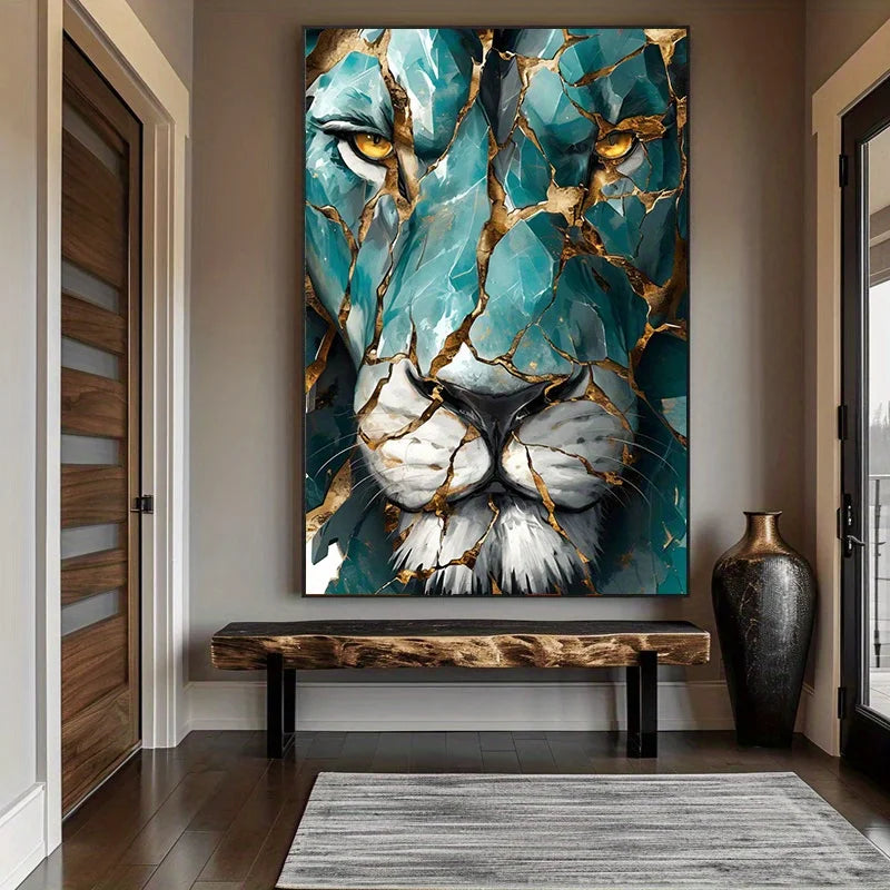 Turquoise & Gold Lion Wall Art Unframed Canvas Print – Modern Abstract Mosaic‑Style Design for Bold Contemporary Living Room Decor