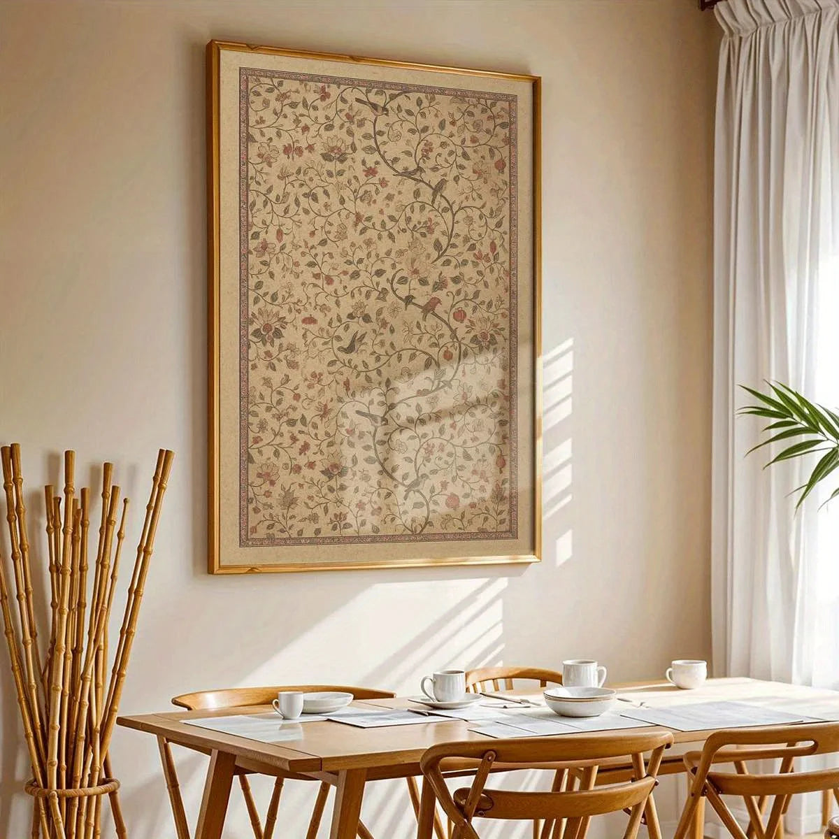 Vintage Floral Bird Wall Art – Intricate Beige Botanical Vine Pattern Design – Classic Canvas Artwork for Cozy Kitchen, Cottage‑Style Interiors