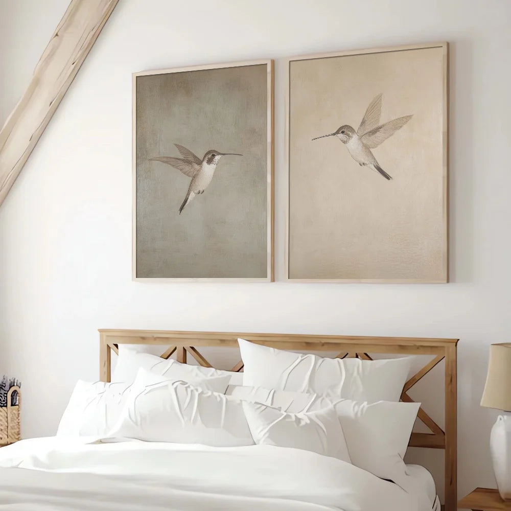 Neutral Hummingbird Wall Art Set – Soft Beige & White Bird Illustration Prints – Modern Minimalist Unframed Canvas Art for Calm Bedroom Decor