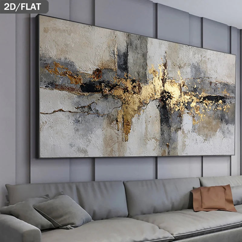 Modern Urban Abstract Canvas Wall Art – Grey, White & Black Horizontal Design with Golden Hued Accents – Luxury Living Room Decor