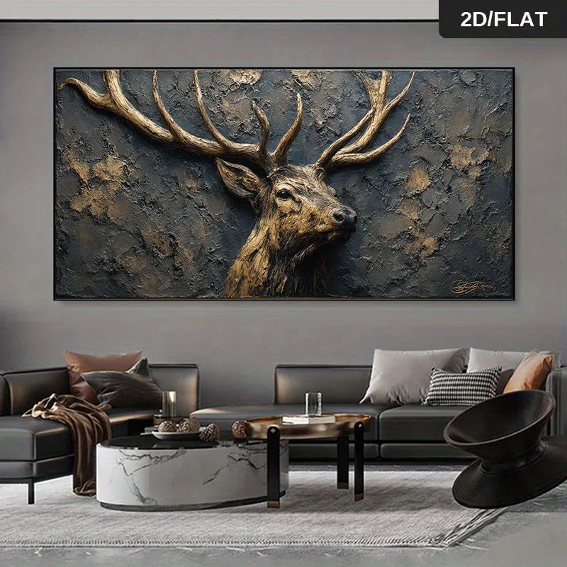 Majestic Golden Stag Wall Art – Rustic Antlered Deer Portrait – Luxury Nature‑Inspired Unframed Canvas Print for Modern Living Room Decor