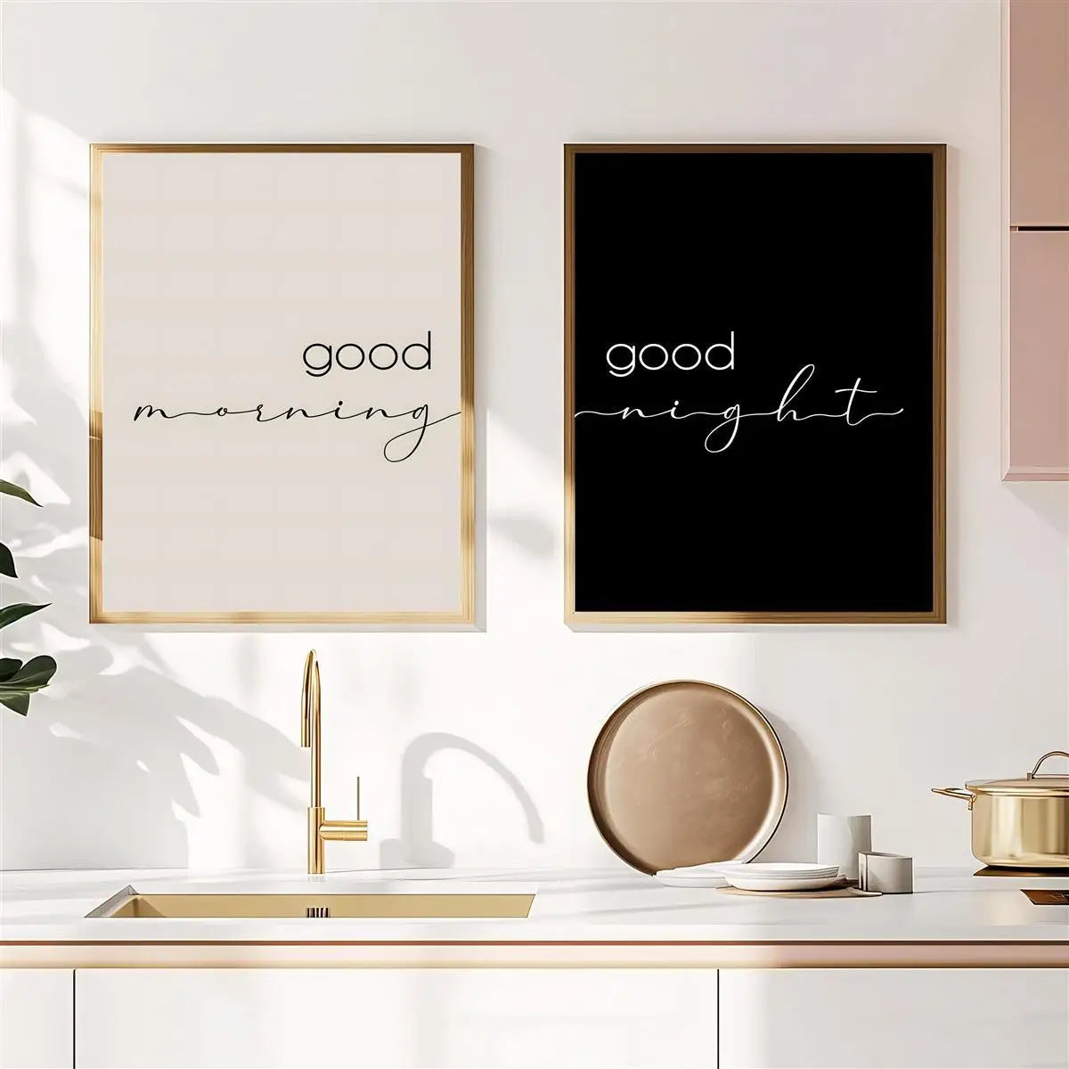 Good Morning & Good Night Typography Canvas Print Set – Minimalist Black & White Wall Art for Kitchen, Coffee Bar & Bedroom Décor