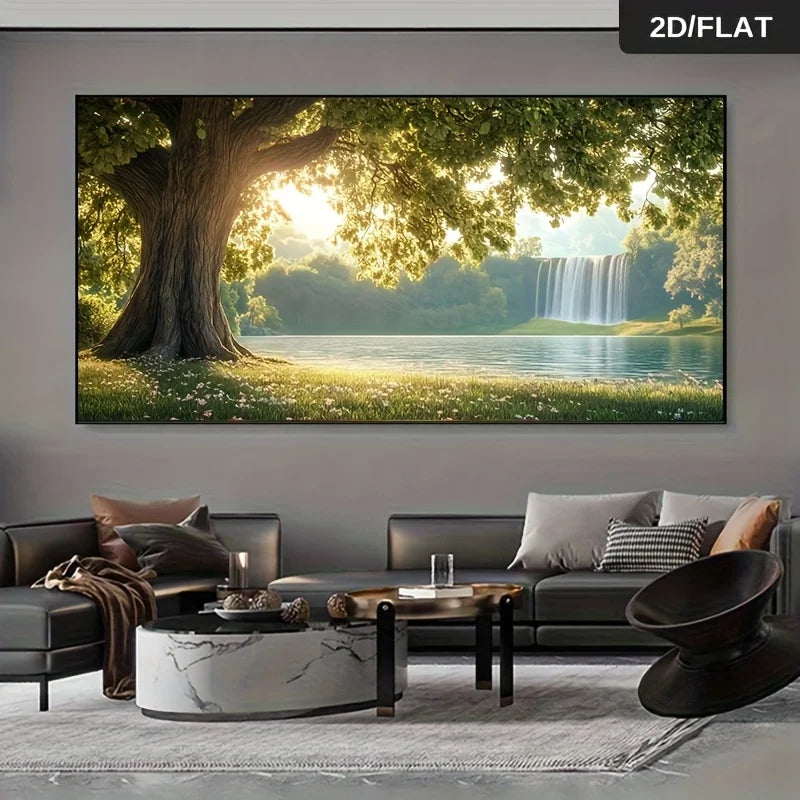 Frameless Modern Canvas Wall Art Trees Waterfall Nature Scene, Large Size Painting for Living Room, Bedroom Decor Artwork