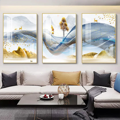 Set of 3 Pcs Flowing Abstract Auspicious Landscape Wall Art Fine Art Canvas Prints - Triptych Artworks For Living Room Dining Room Art For Home Office Decor