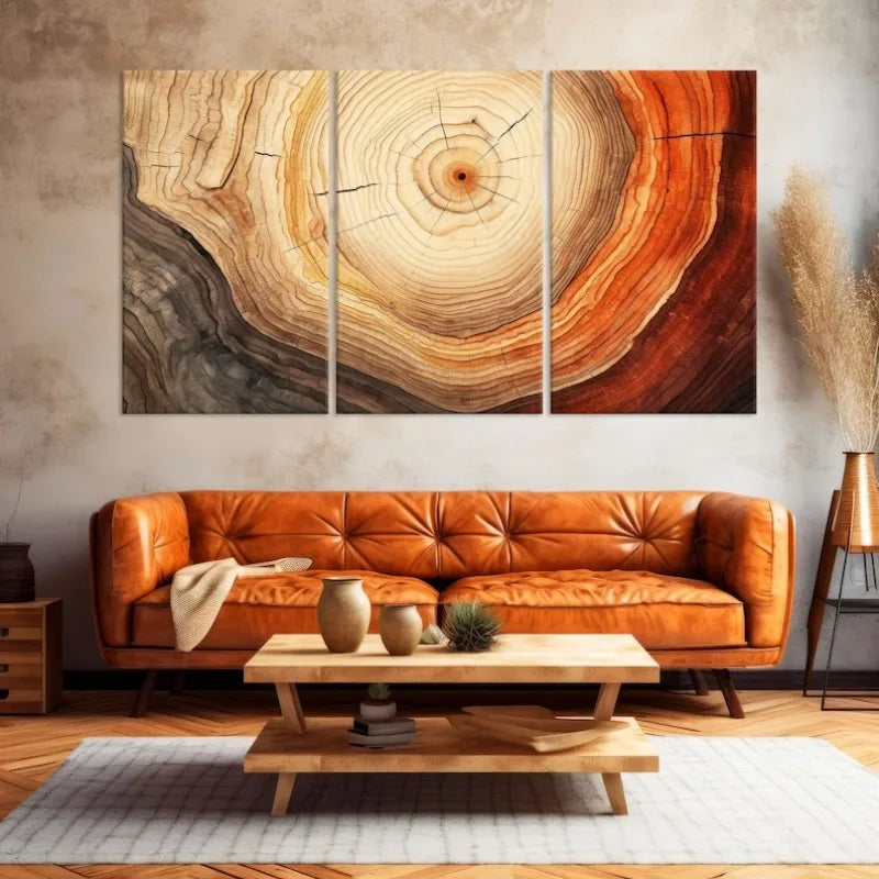 Large 3‑Panel Tree Ring Canvas Print Wall Art – Rustic Earthy Neutral Unframed Nature‑Inspired Artwork for Modern Living Room Interior Decor