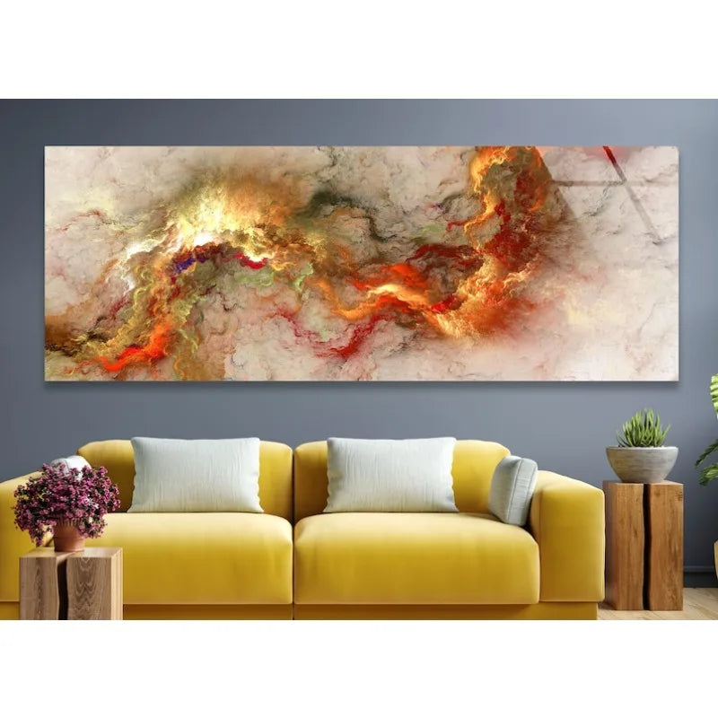 Large Fiery Abstract Swirl Wide Format Canvas Print Wall Art – Red Orange Gold Cloudscape Painting for Modern Bedroom Above Bed Decor