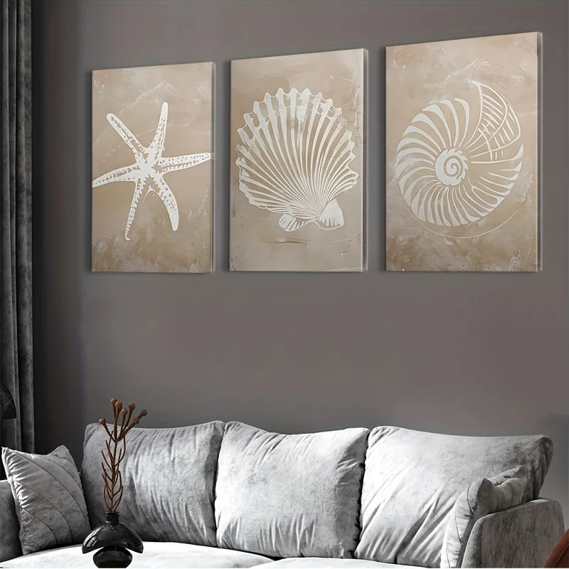 Coastal Sea Life Canvas Print Set – Beige Textured Starfish, Scallop & Nautilus Shell Wall Art for Beach House, Modern Coastal Home Décor