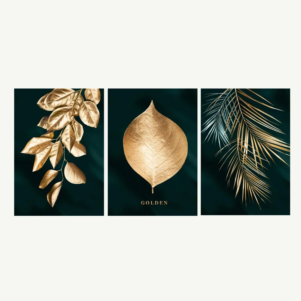 Set of 3PCs Golden Monstera Wall Art Fine Art Canvas Prints - Modern Tropical Botanical Pictures For Living Room Dining Room Art For Contemporary Interiors