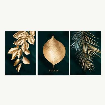 Set of 3PCs Golden Monstera Wall Art Fine Art Canvas Prints - Modern Tropical Botanical Pictures For Living Room Dining Room Art For Contemporary Interiors