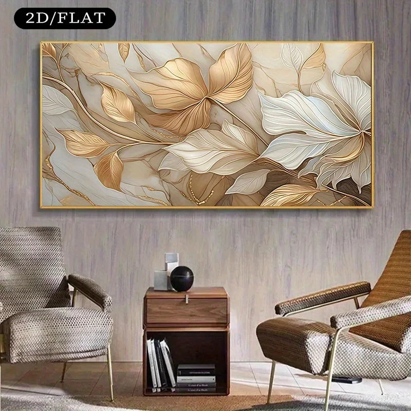 Luxury Gold & Beige Abstract Floral Canvas Wall Art – Modern Leaf Pattern Design with Elegant Linework – Contemporary Art For Living Room
