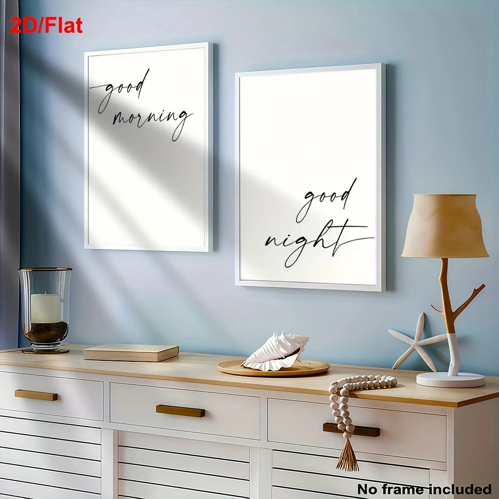 Black White “Good Morning” & “Good Night” Text Canvas Print Wall Art – Minimalist Neutral Typography Decor for Scandinavian Home Styling