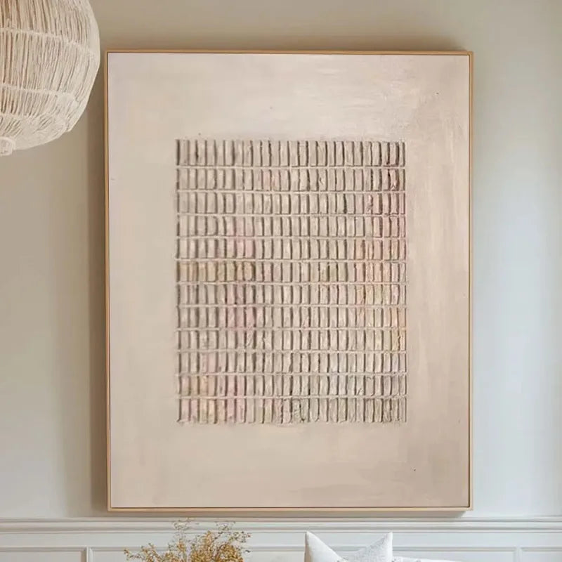Neutral Grid Abstract Wall Art – Minimalist Beige & Cream Geometric Pattern Design – Art for Calm Living Room & Contemporary Home Decor