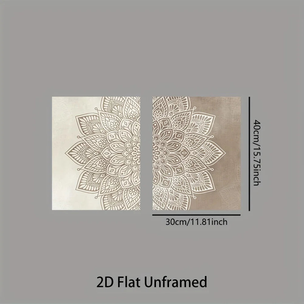 Neutral Mandala Floral Wall Art Set – Intricate White Symmetrical Pattern on Beige & Taupe – Canvas Prints For Living Room & Bedroom Decor