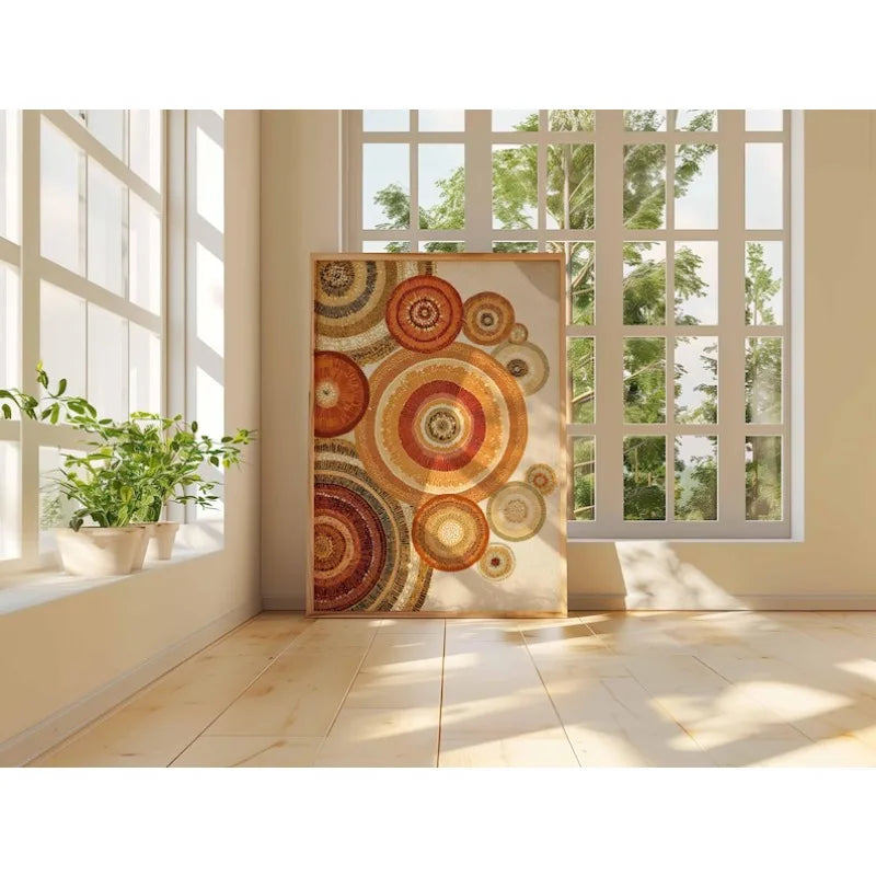 Large Abstract Concentric Circles Canvas Print Wall Art – Warm Earthy Orange, Red & Brown Geometric Artwork for Modern Interior Decor