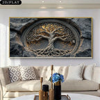 Auspicious Tree of Life Unframed Canvas Print Wall Art – Intricate Carved‑Style Roots & Branches Hewn From Stone - for Modern Living Room