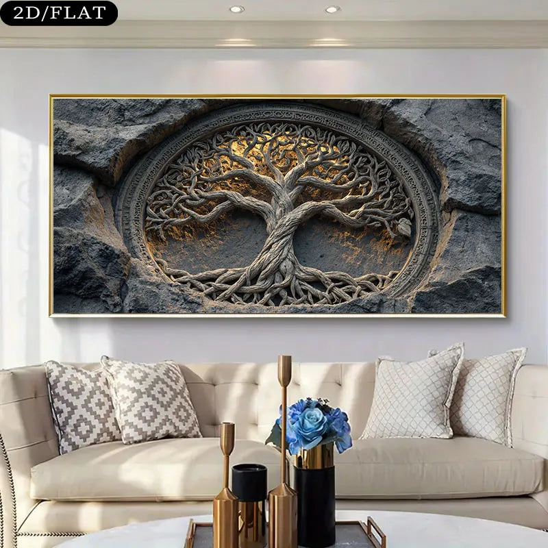 Auspicious Tree of Life Unframed Canvas Print Wall Art – Intricate Carved‑Style Roots & Branches Hewn From Stone - for Modern Living Room