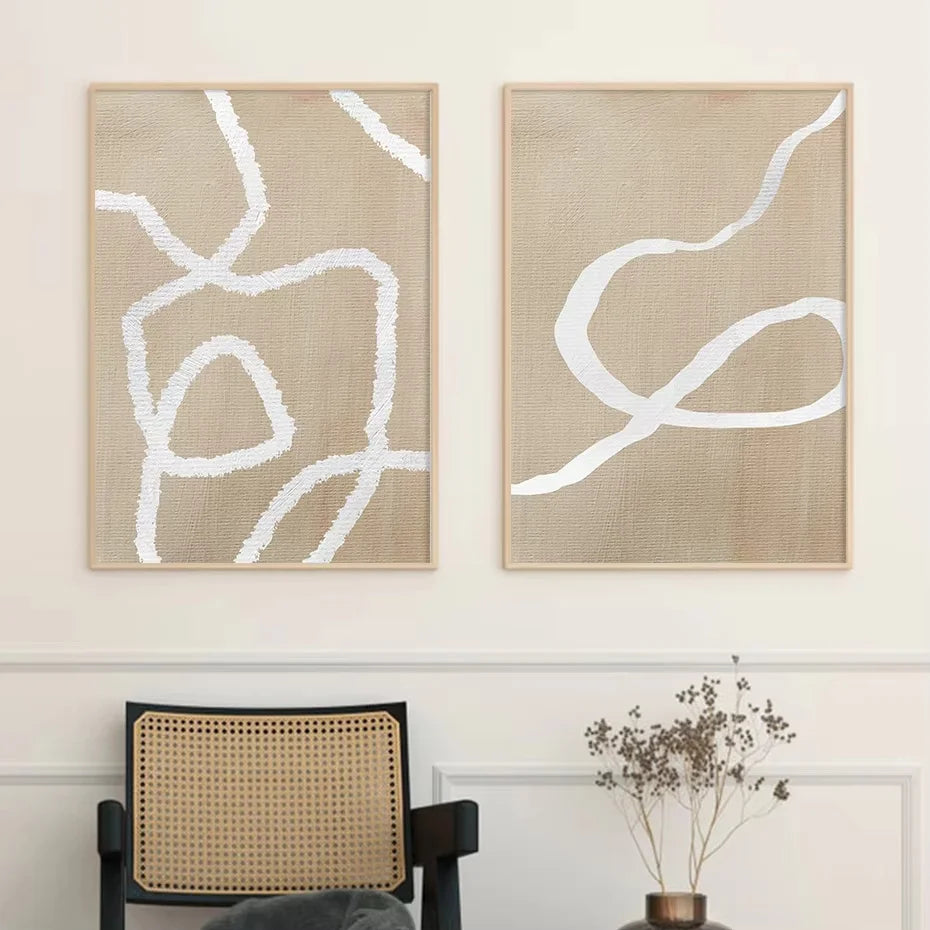 Neutral Abstract Line Art Canvas Print Set – Beige Minimalist Organic Shape Wall Art for Modern Living Room, Scandinavian Interiors & Home Décor