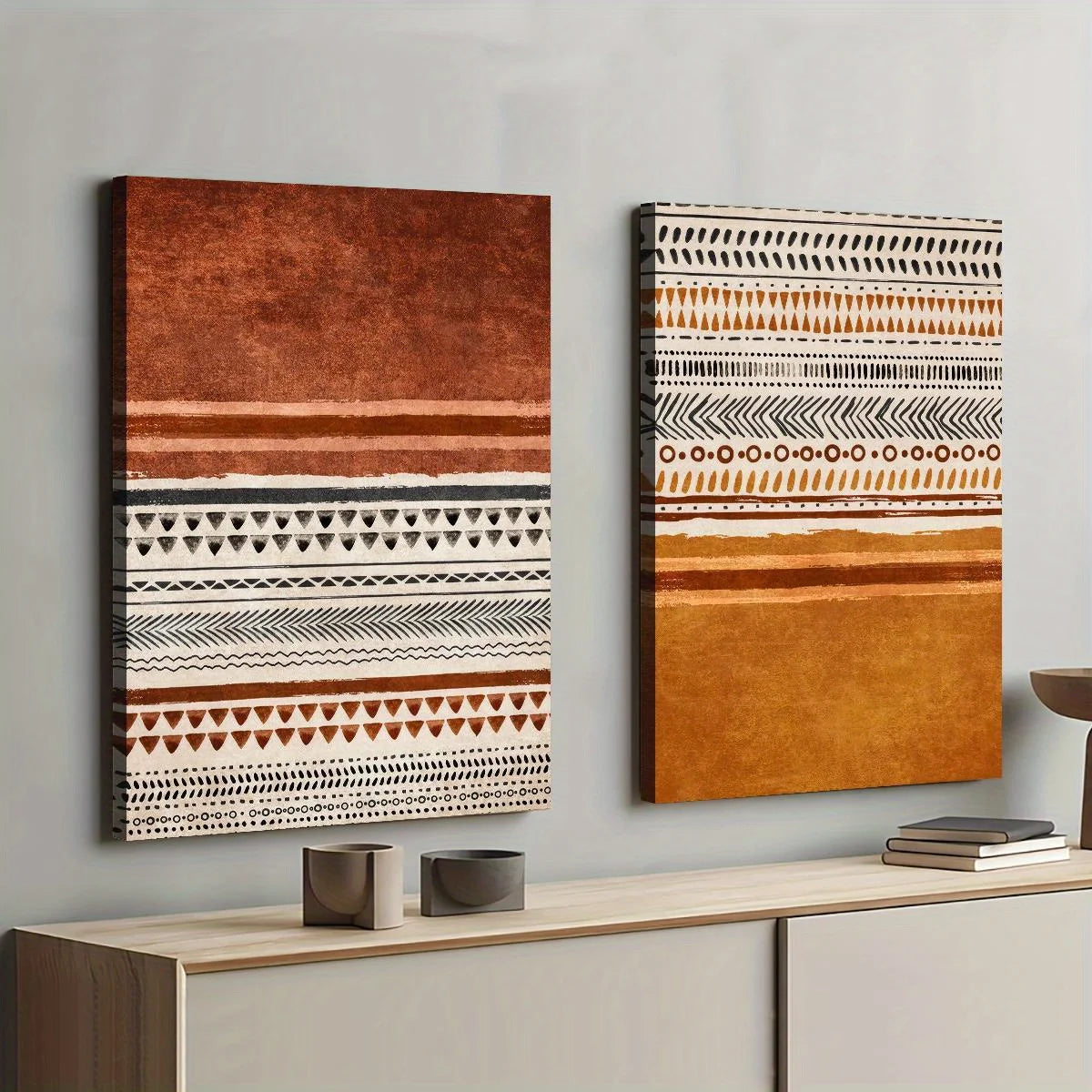 Earth‑Tone Geometric Wall Art Unframed Canvas Print – Modern Tribal‑Inspired Abstract Patterns & Minimalist Striped Design - 2Pcs Set