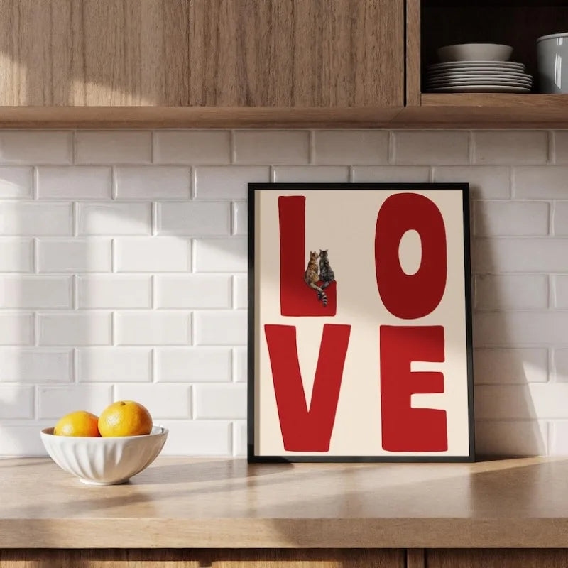 Red LOVE Typography Wall Art with Cute Cat Illustration – Charming Modern Unframed Canvas Print for Rustic Kitchen & Cozy Bedroom Decor