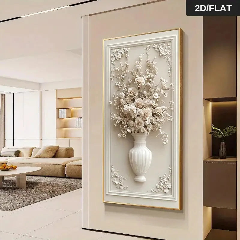Abstract Floral Vase Wall Art Unframed Canvas Print – Cream 3D‑Style Botanical Relief Design for Modern Elegant Foyer Decor