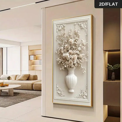 Abstract Floral Vase Wall Art Unframed Canvas Print – Cream 3D‑Style Botanical Relief Design for Modern Elegant Foyer Decor