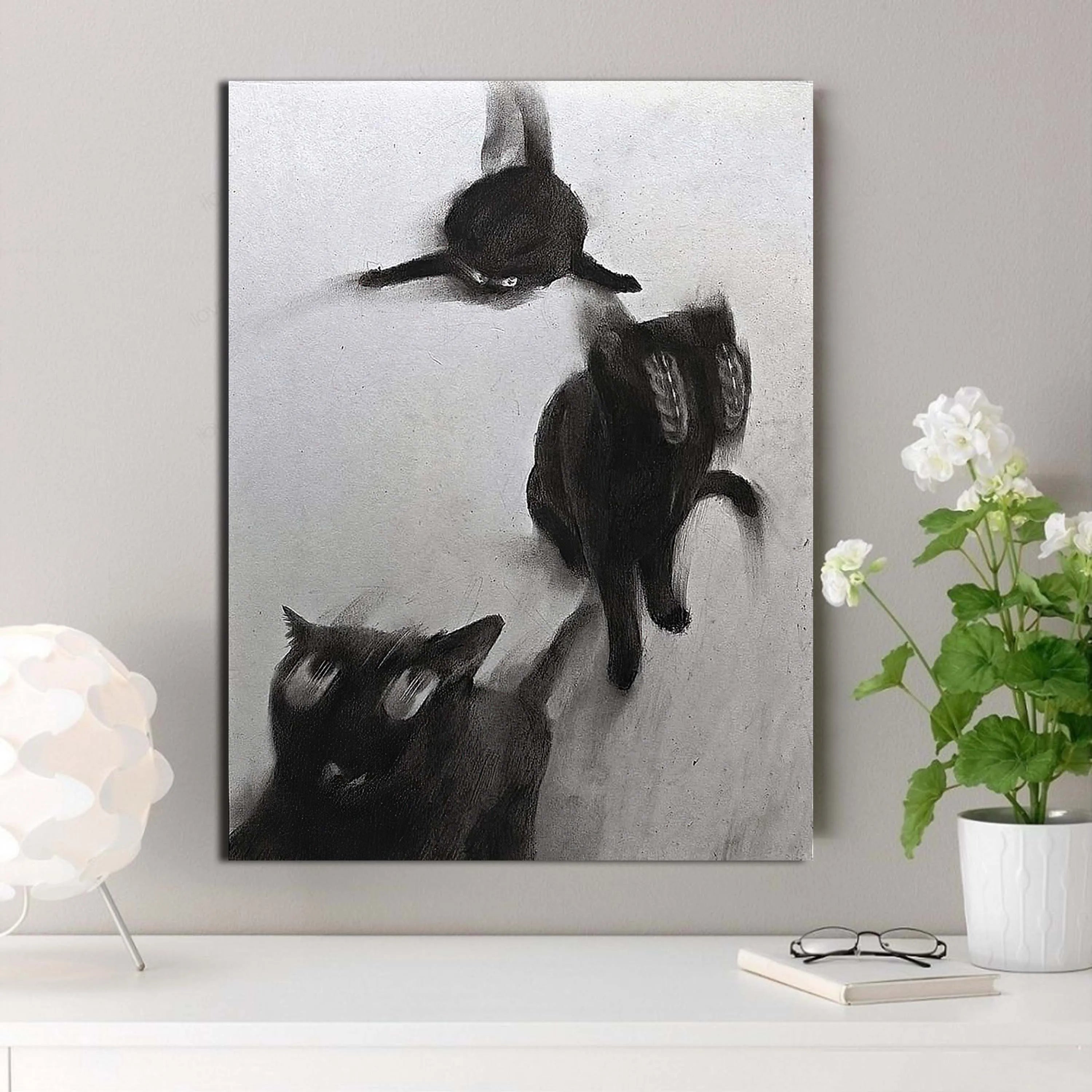 Abstract Black Cats In Motion Wall Art – Expressive Blurred Feline Trio Artwork – Modern Minimalist Print for Contemporary Living Room Decor