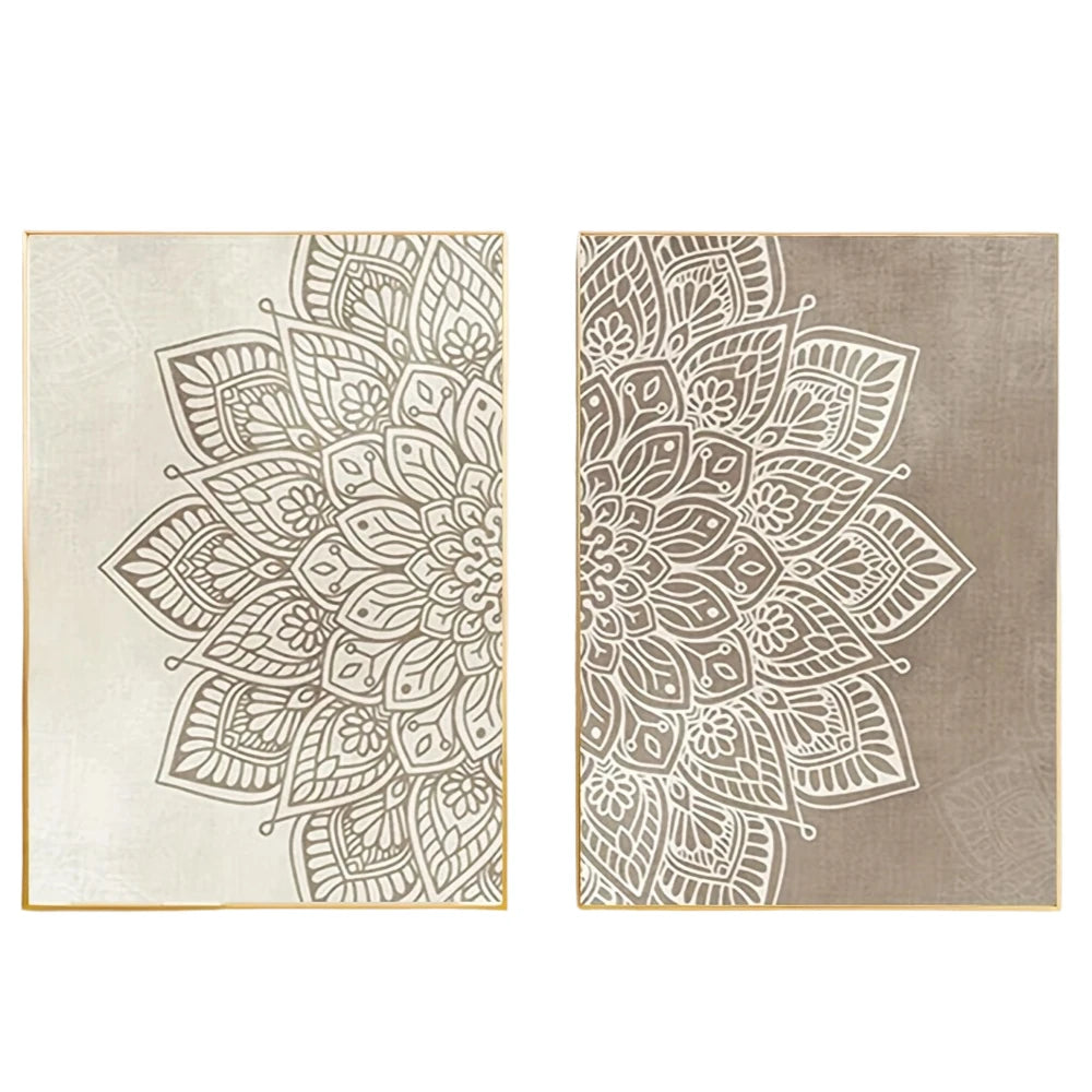Neutral Mandala Floral Wall Art Set – Intricate White Symmetrical Pattern on Beige & Taupe – Canvas Prints For Living Room & Bedroom Decor