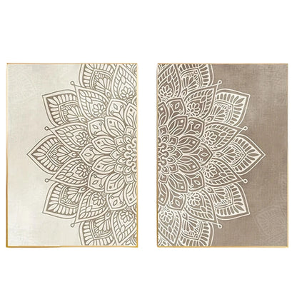 Neutral Mandala Floral Wall Art Set – Intricate White Symmetrical Pattern on Beige & Taupe – Canvas Prints For Living Room & Bedroom Decor