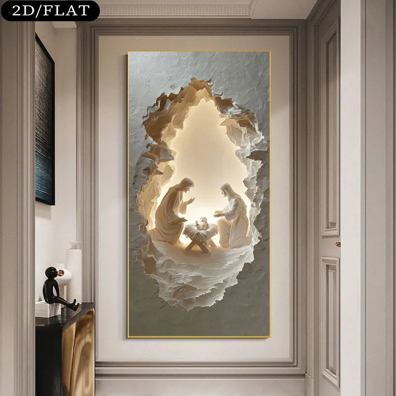 Nativity Scene Unframed Canvas Print Wall Art – Holy Cave Design with Warm Glow for Modern Living Room & Contemporary Foyer Hallway Decor
