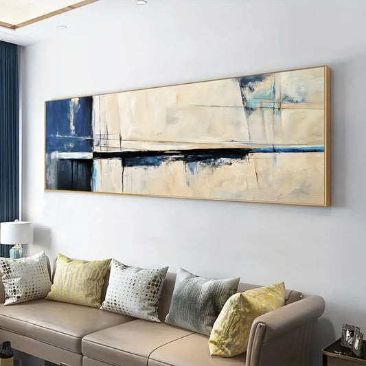 Contemporary Vintage Beige Blue Abstract Wall Art Fine Art Canvas Print - Wide Format Picture For Living Room Above The Sofa Wide Art For Above The Bed