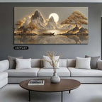 Golden Mountain Lake Wall Art Canvas Print – Serene Sunlit Landscape Artwork for Modern Dining Room, Zen Interior & Contemporary Home Decor