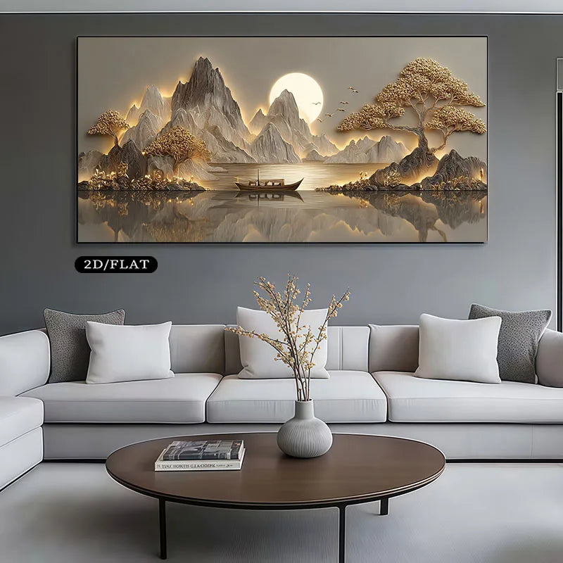 Golden Mountain Lake Wall Art Canvas Print – Serene Sunlit Landscape Artwork for Modern Dining Room, Zen Interior & Contemporary Home Decor