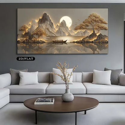 Golden Mountain Lake Wall Art Canvas Print – Serene Sunlit Landscape Artwork for Modern Dining Room, Zen Interior & Contemporary Home Decor
