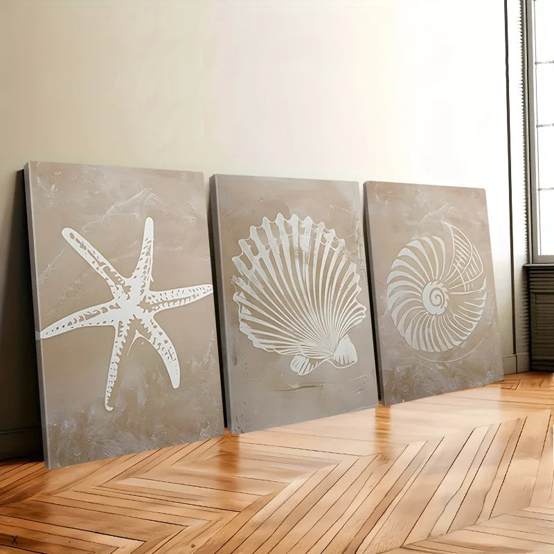 Coastal Sea Life Canvas Print Set – Beige Textured Starfish, Scallop & Nautilus Shell Wall Art for Beach House, Modern Coastal Home Décor