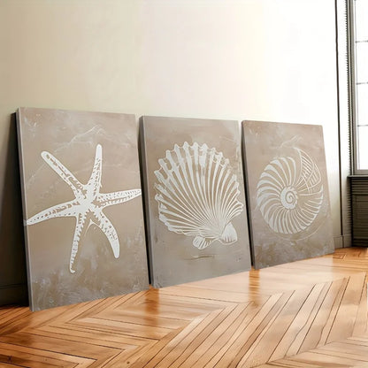 Coastal Sea Life Canvas Print Set – Beige Textured Starfish, Scallop & Nautilus Shell Wall Art for Beach House, Modern Coastal Home Décor