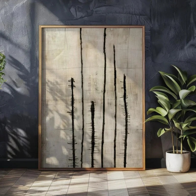 Japandi Abstract Brushstroke Canvas Print Wall Art – Black Ink Vertical Strokes on Neutral Beige Background - Art for Zen Living, Meditation Space