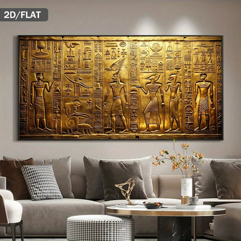 Luxury Egyptian Hieroglyphics Canvas Wall Art – Gold 2D Flat Ancient Pharaoh Figures & Symbolic Motifs for Modern Living Room & Apartments