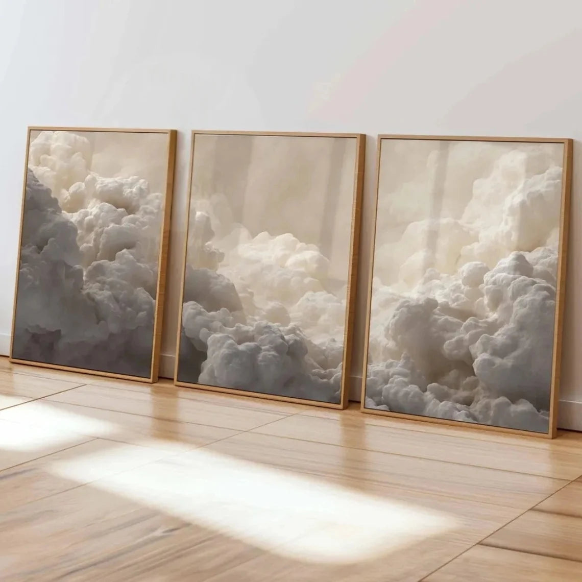 Soft Neutral Cloudscape Wall Art Set – Atmospheric Gray & Cream Sky Panorama – Canvas Prints for Minimalist Living Room Decor