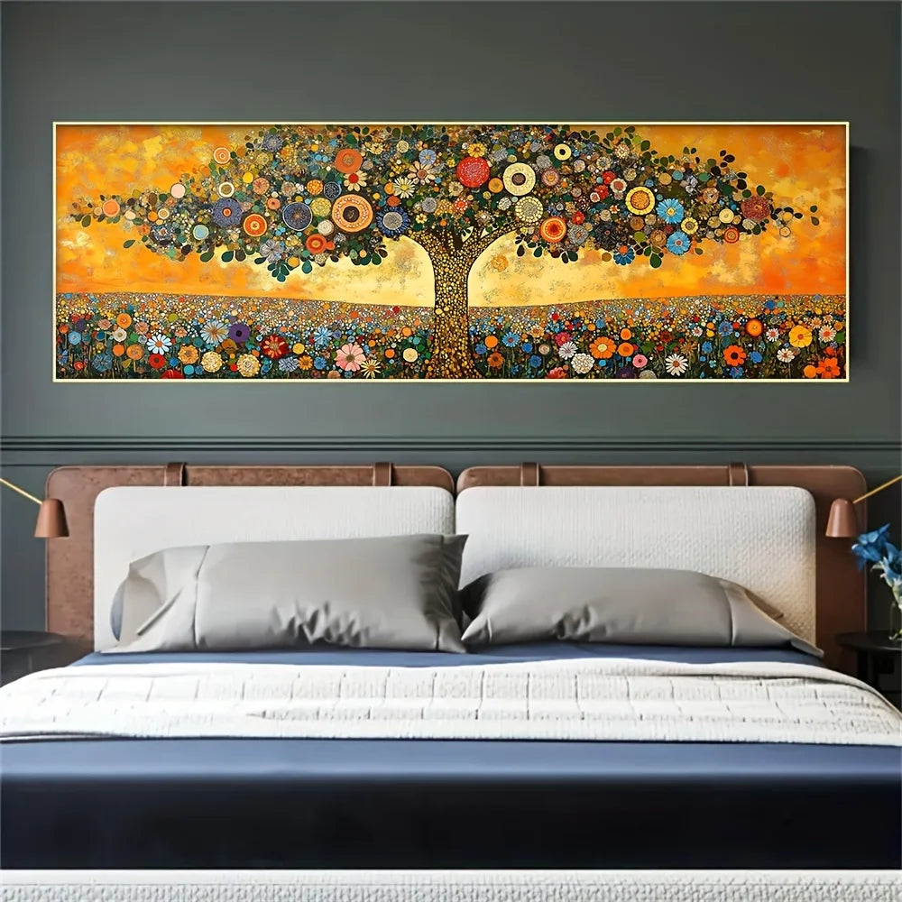Colorful Patterned Tree Wall Art – Vibrant Vintage Floral Decorative Unframed Canvas Print for Modern Bedroom & Contemporary Decor