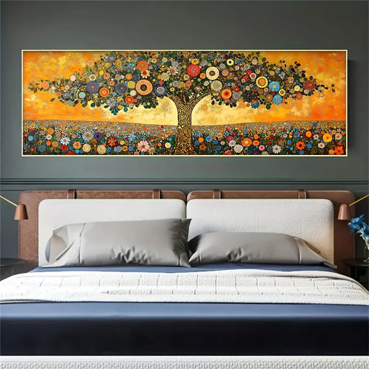 Colorful Patterned Tree Wall Art – Vibrant Vintage Floral Decorative Unframed Canvas Print for Modern Bedroom & Contemporary Decor