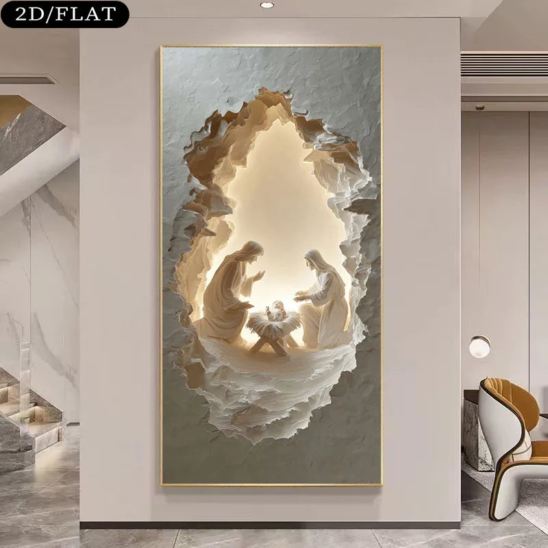 Nativity Scene Unframed Canvas Print Wall Art – Holy Cave Design with Warm Glow for Modern Living Room & Contemporary Foyer Hallway Decor