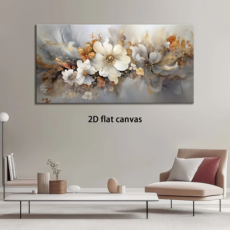 Canvas Wall Art Golden White Flowers Modern Abstract Painting Frameless Picture Living Room Bedroom Office Home Decoration