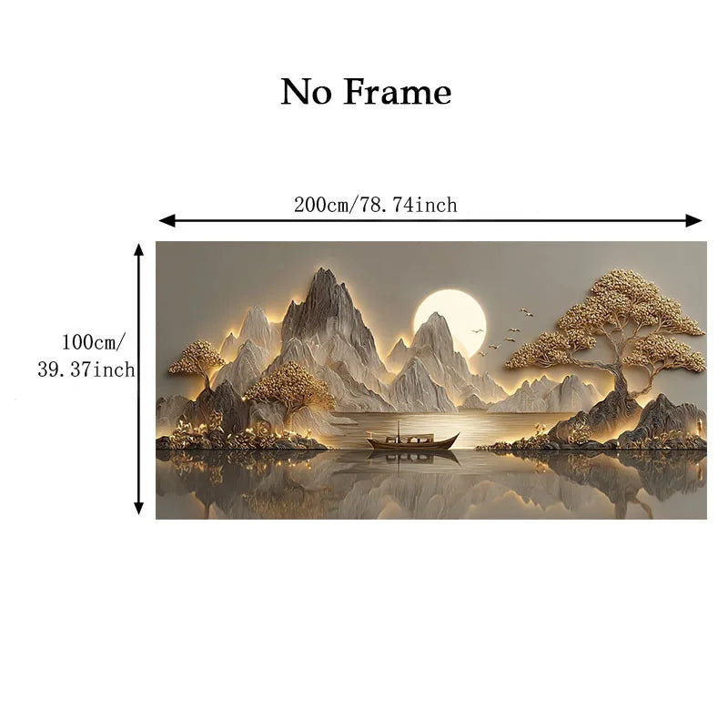 Golden Mountain Lake Wall Art Canvas Print – Serene Sunlit Landscape Artwork for Modern Dining Room, Zen Interior & Contemporary Home Decor