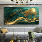 Luxury Moonlit Golden Tree Canvas Wall Art – Teal Clouds & Swirling Gold Wave Design – Contemporary Living Room Decor for Modern Apartments