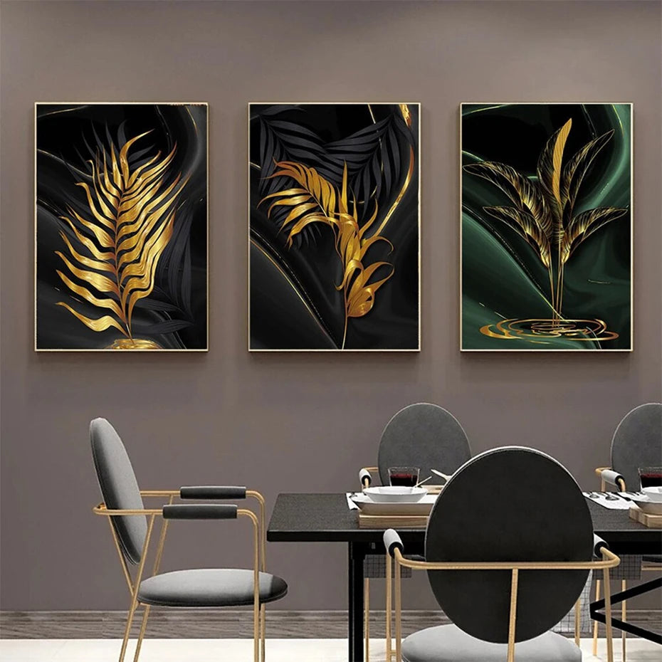 Tropical Green Golden Leaf Wall Art Fine Art Canvas Prints - Modern Botanical Art For Living Room Dining Room Art For Home Office Interiors