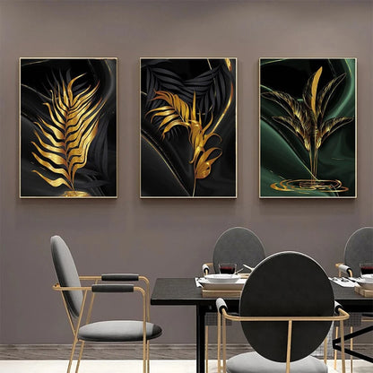 Tropical Green Golden Leaf Wall Art Fine Art Canvas Prints - Modern Botanical Art For Living Room Dining Room Art For Home Office Interiors