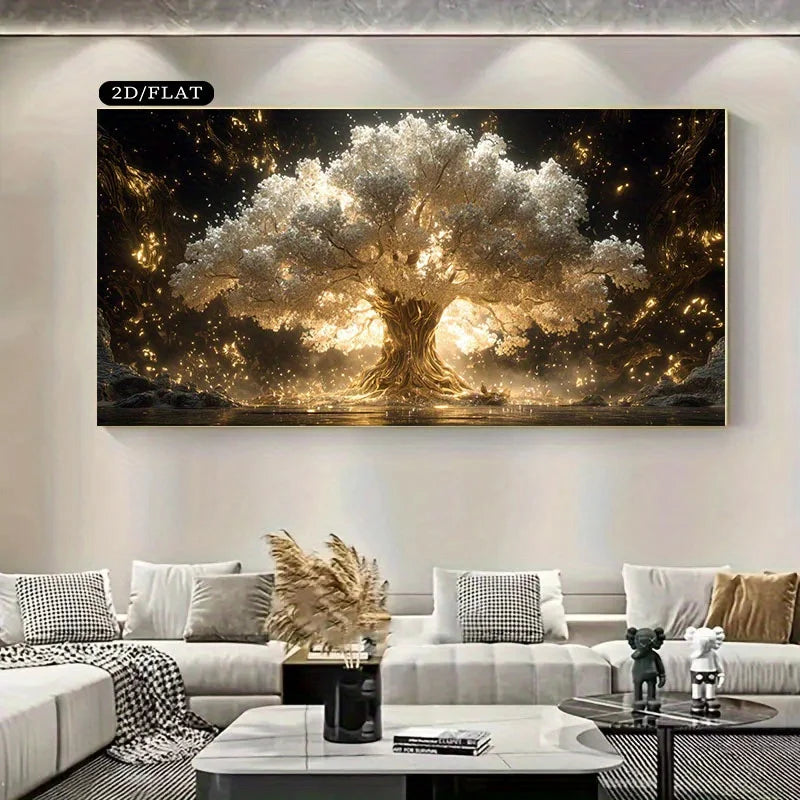 Golden Tree Of Life Wall Art – Radiant Magical Luminant Tree Artwork – Premium Unframed Canvas Print for Modern Living Room Home Decor