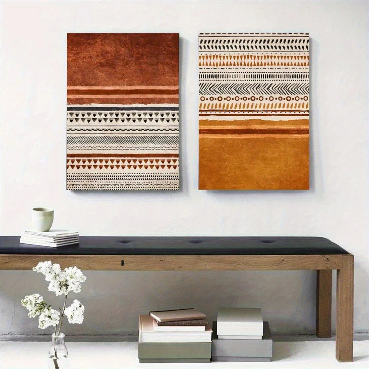 Earth‑Tone Geometric Wall Art Unframed Canvas Print – Modern Tribal‑Inspired Abstract Patterns & Minimalist Striped Design - 2Pcs Set