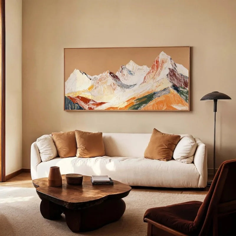 Large Abstract Sunrise Mountain Landscape Canvas Print Wall Art – Warm Orange & Brown Artwork for Modern Apartment Home Decor