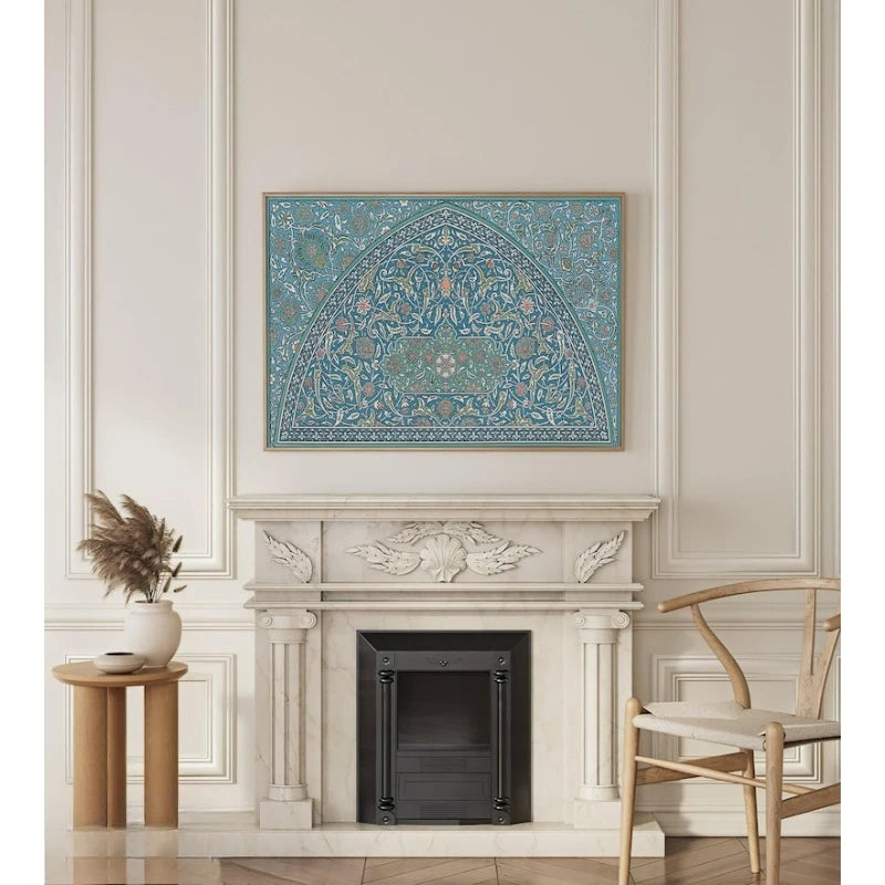 Islamic Geometric Tile Canvas Print Wall Art – Blue, Green & Orange Traditional Pattern Design for Dining Room, Middle Eastern Home Décor